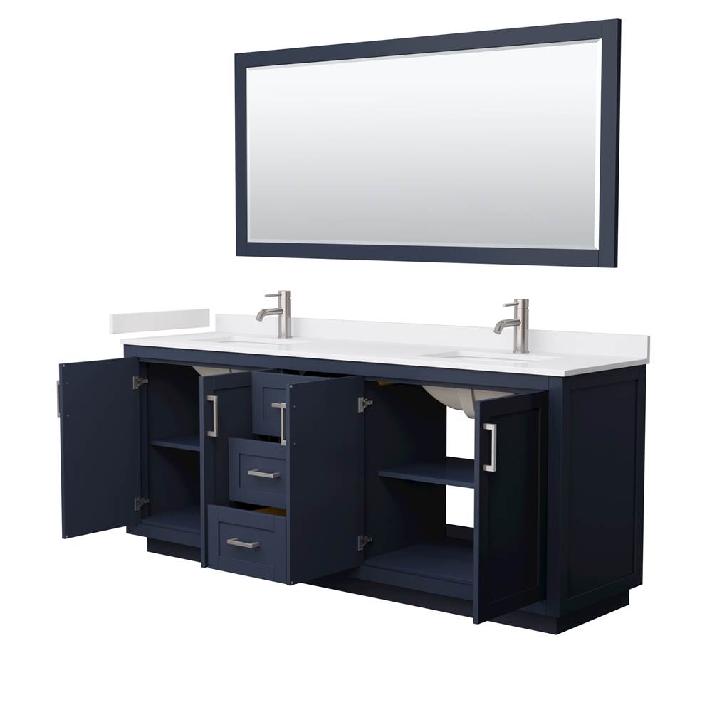Miranda 80 Inch Double Bathroom Vanity in Dark Blue, White Cultured Marble Countertop, Undermount Square Sinks, Brushed Nickel Trim, 70 Inch Mirror