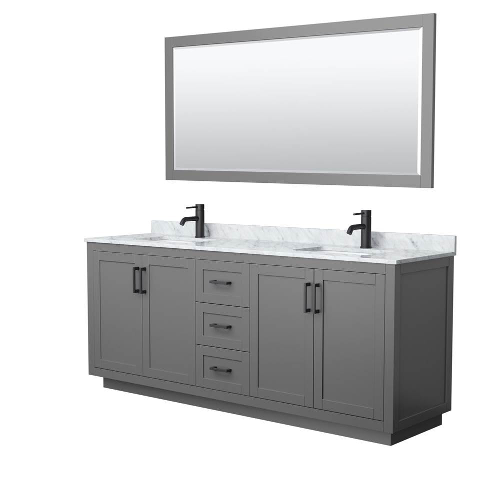 Wyndham Collection - Miranda 80 Inch Double Bathroom Vanity in Dark Gray, White Carrara Marble Countertop, Undermount Square Sinks, Matte Black Trim, 70 Inch Mirror