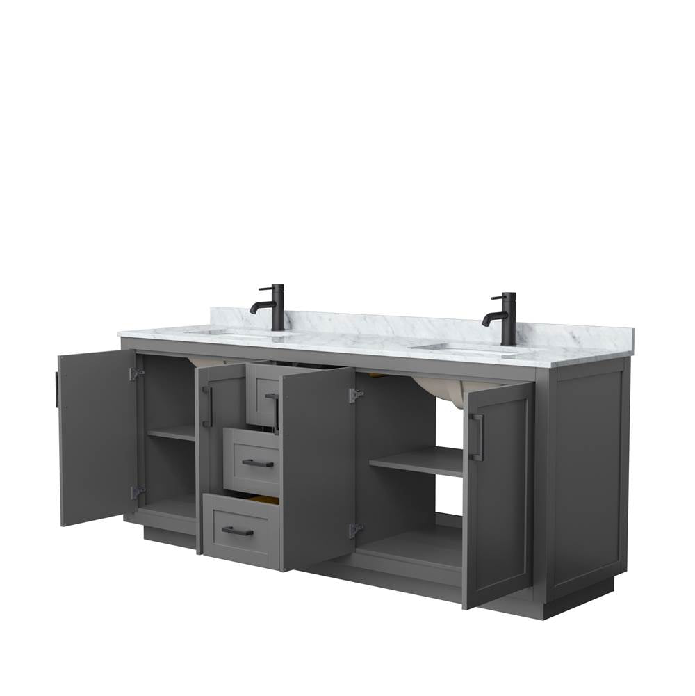 Miranda 80 Inch Double Bathroom Vanity in Dark Gray, White Carrara Marble Countertop, Undermount Square Sinks, Matte Black Trim
