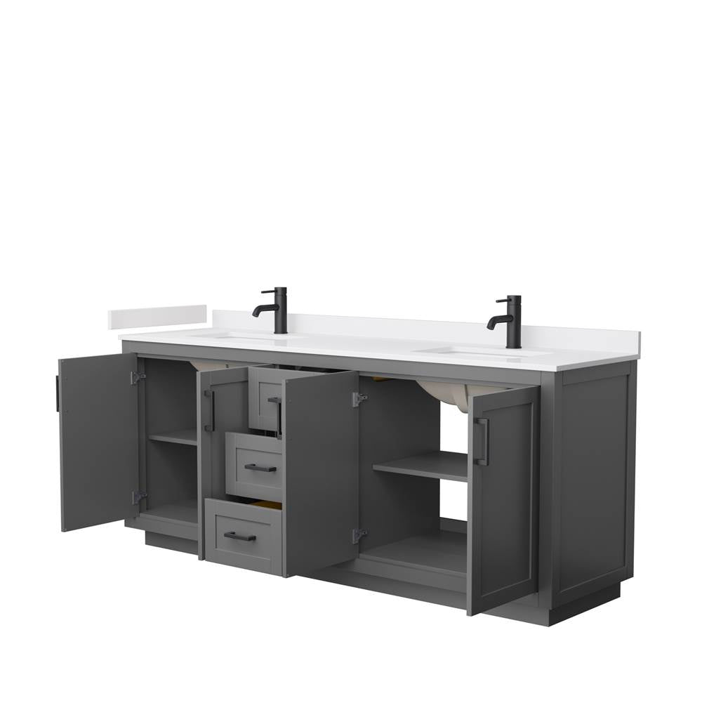 Miranda 80 Inch Double Bathroom Vanity in Dark Gray, White Cultured Marble Countertop, Undermount Square Sinks, Matte Black Trim