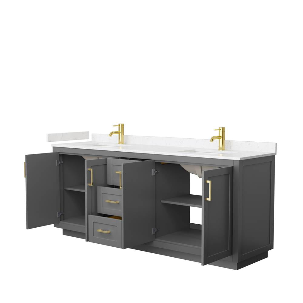 Miranda 80 Inch Double Bathroom Vanity in Dark Gray, Light-Vein Carrara Cultured Marble Countertop, Undermount Square Sinks, Brushed Gold Trim