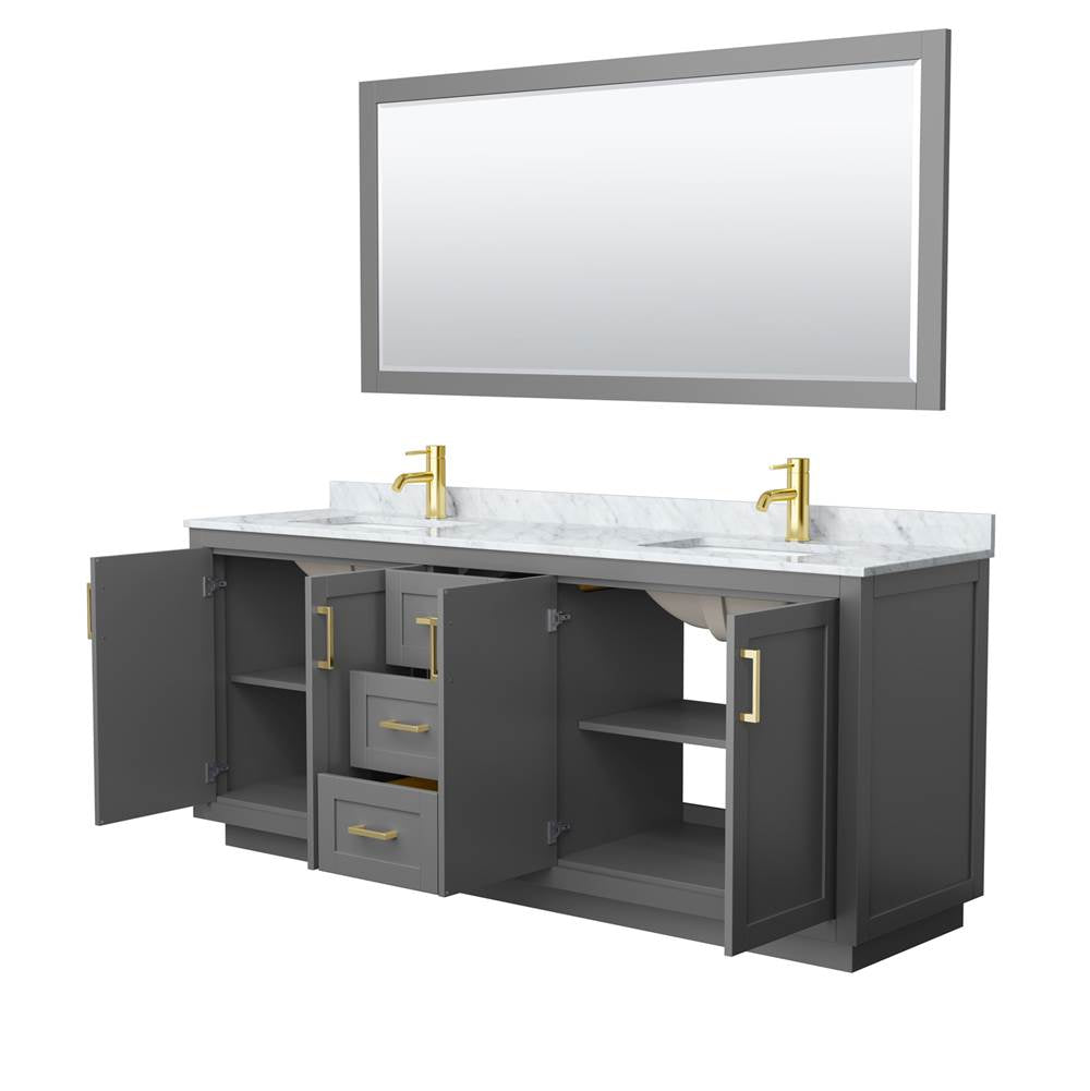 Miranda 80 Inch Double Bathroom Vanity in Dark Gray, White Carrara Marble Countertop, Undermount Square Sinks, Brushed Gold Trim, 70 Inch Mirror