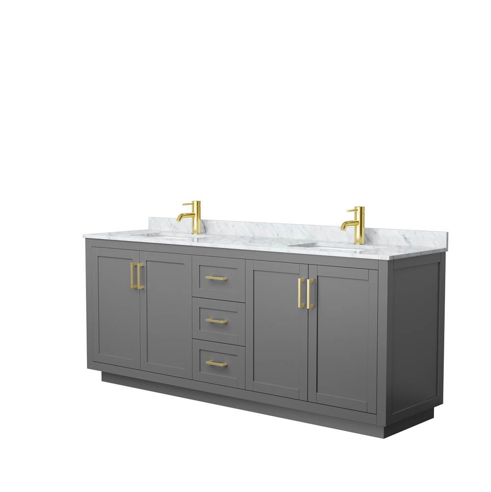 Wyndham Collection - Miranda 80 Inch Double Bathroom Vanity in Dark Gray, White Carrara Marble Countertop, Undermount Square Sinks, Brushed Gold Trim