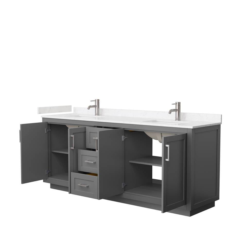 Miranda 80 Inch Double Bathroom Vanity in Dark Gray, Light-Vein Carrara Cultured Marble Countertop, Undermount Square Sinks, Brushed Nickel Trim