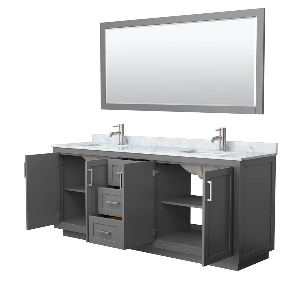 Miranda 80 Inch Double Bathroom Vanity in Dark Gray, White Carrara Marble Countertop, Undermount Square Sinks, Brushed Nickel Trim, 70 Inch Mirror