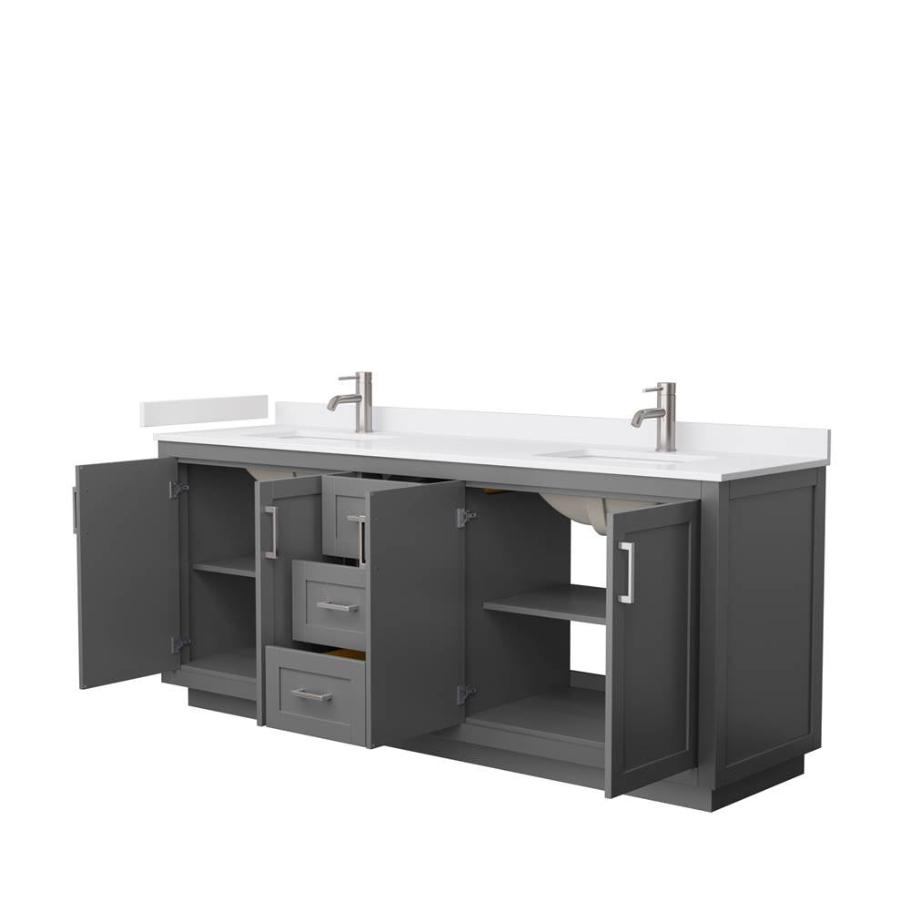 Miranda 80 Inch Double Bathroom Vanity in Dark Gray, White Cultured Marble Countertop, Undermount Square Sinks, Brushed Nickel Trim