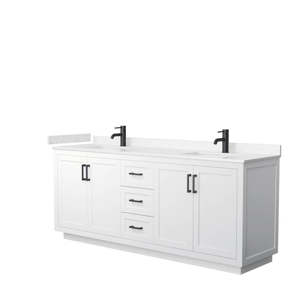 Wyndham Collection - Miranda 80 Inch Double Bathroom Vanity in White, Light-Vein Carrara Cultured Marble Countertop, Undermount Square Sinks, Matte Black Trim