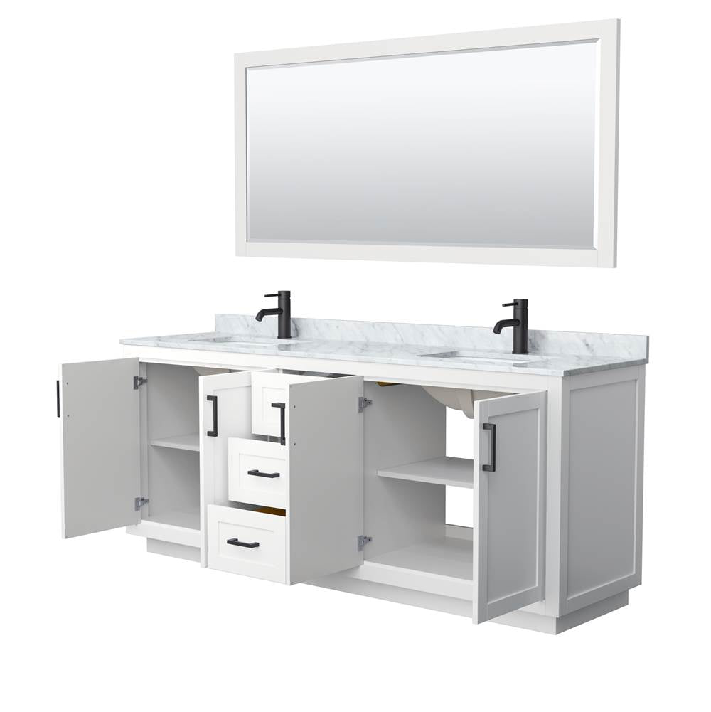 Miranda 80 Inch Double Bathroom Vanity in White, White Carrara Marble Countertop, Undermount Square Sinks, Matte Black Trim, 70 Inch Mirror