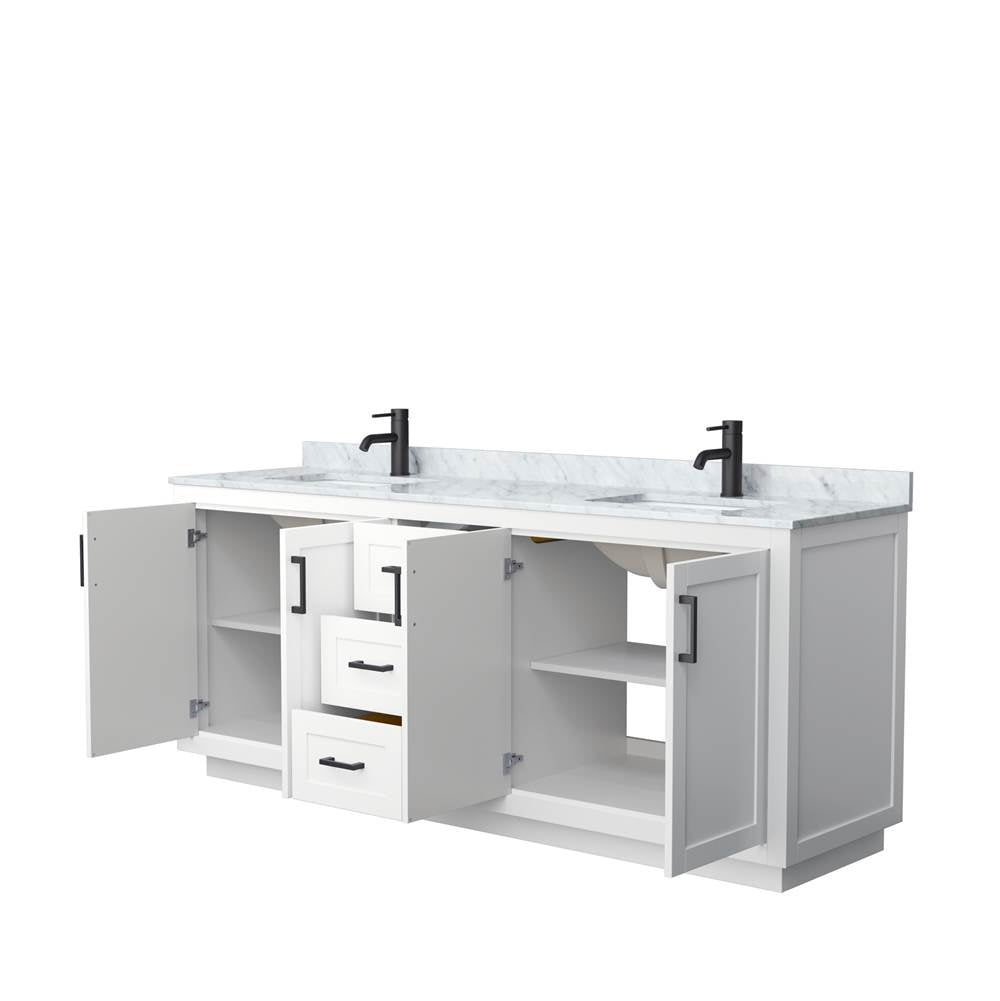 Miranda 80 Inch Double Bathroom Vanity in White, White Carrara Marble Countertop, Undermount Square Sinks, Matte Black Trim
