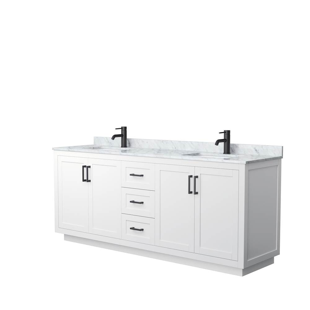 Wyndham Collection - Miranda 80 Inch Double Bathroom Vanity in White, White Carrara Marble Countertop, Undermount Square Sinks, Matte Black Trim