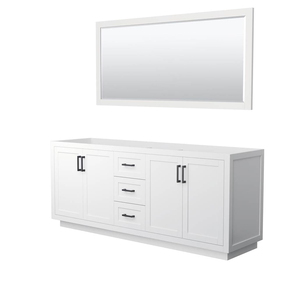 Wyndham Collection - Miranda 80 Inch Double Bathroom Vanity in White, No Countertop, No Sink, Matte Black Trim, 70 Inch Mirror
