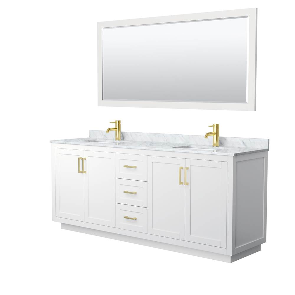Wyndham Collection - Miranda 80 Inch Double Bathroom Vanity in White, White Carrara Marble Countertop, Undermount Square Sinks, Brushed Gold Trim, 70 Inch Mirror