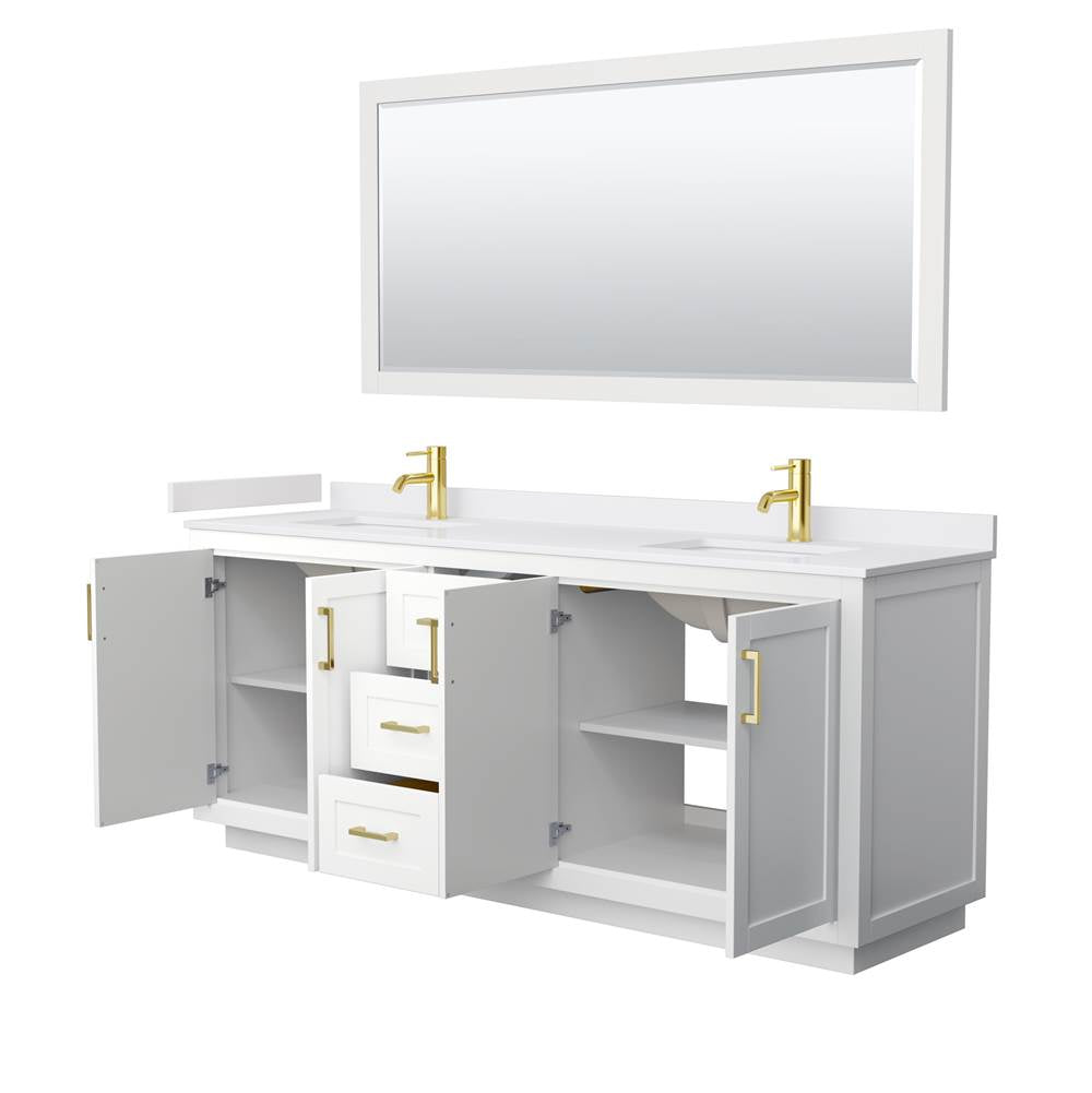 Miranda 80 Inch Double Bathroom Vanity in White, White Cultured Marble Countertop, Undermount Square Sinks, Brushed Gold Trim, 70 Inch Mirror