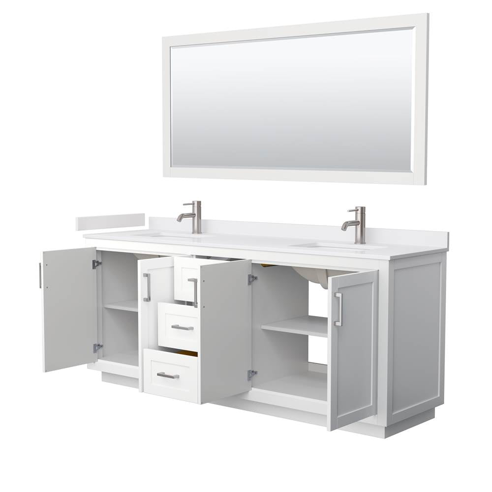 Miranda 80 Inch Double Bathroom Vanity in White, White Cultured Marble Countertop, Undermount Square Sinks, Brushed Nickel Trim, 70 Inch Mirror