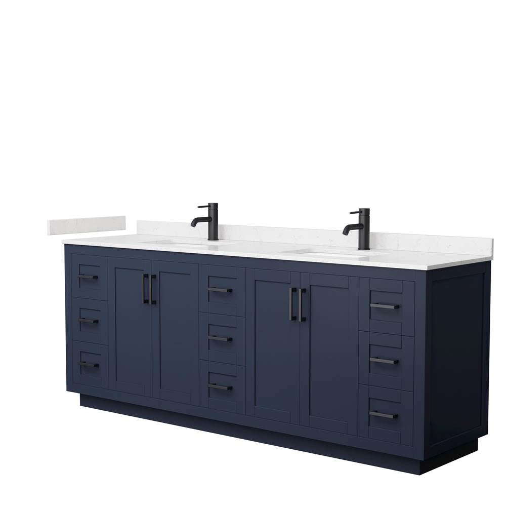 Wyndham Collection - Miranda 84 Inch Double Bathroom Vanity in Dark Blue, Carrara Cultured Marble Countertop, Undermount Square Sinks, Matte Black Trim
