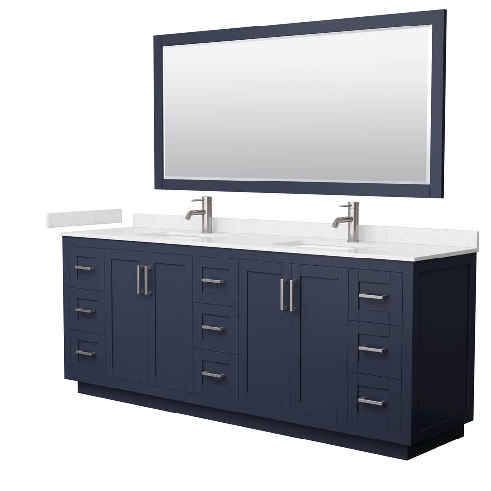 Wyndham Collection - Miranda 84 Inch Double Bathroom Vanity in Dark Blue, Carrara Cultured Marble Countertop, Undermount Square Sinks, Brushed Nickel Trim, 70 Inch Mirror