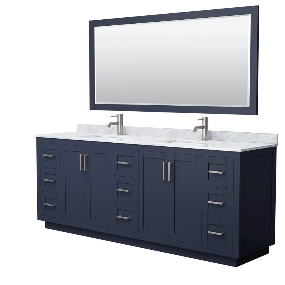 Wyndham Collection - Miranda 84 Inch Double Bathroom Vanity in Dark Blue, White Carrara Marble Countertop, Undermount Square Sinks, Brushed Nickel Trim, 70 Inch Mirror