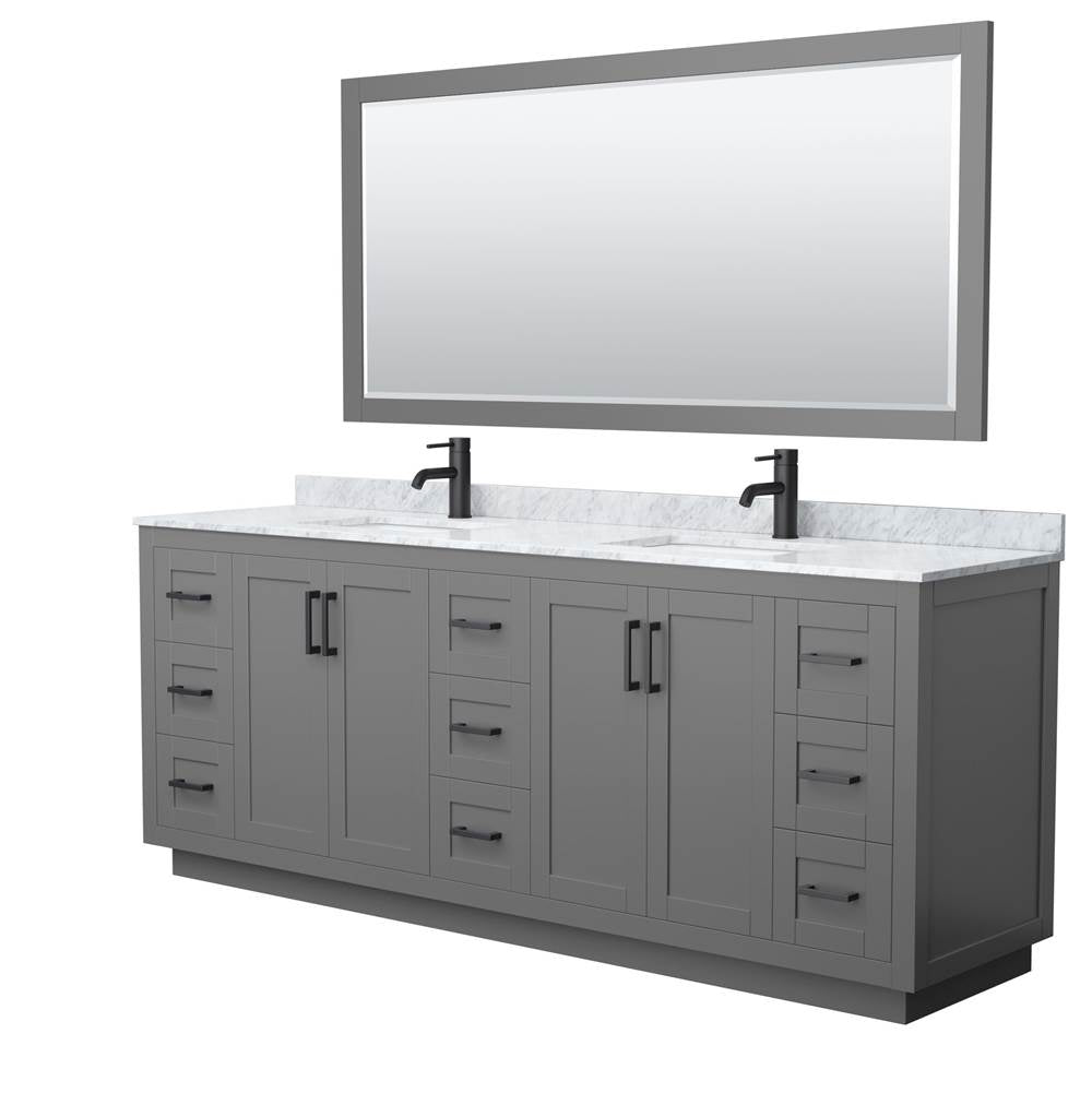 Wyndham Collection - Miranda 84 Inch Double Bathroom Vanity in Dark Gray, White Carrara Marble Countertop, Undermount Square Sinks, Matte Black Trim, 70 Inch Mirror