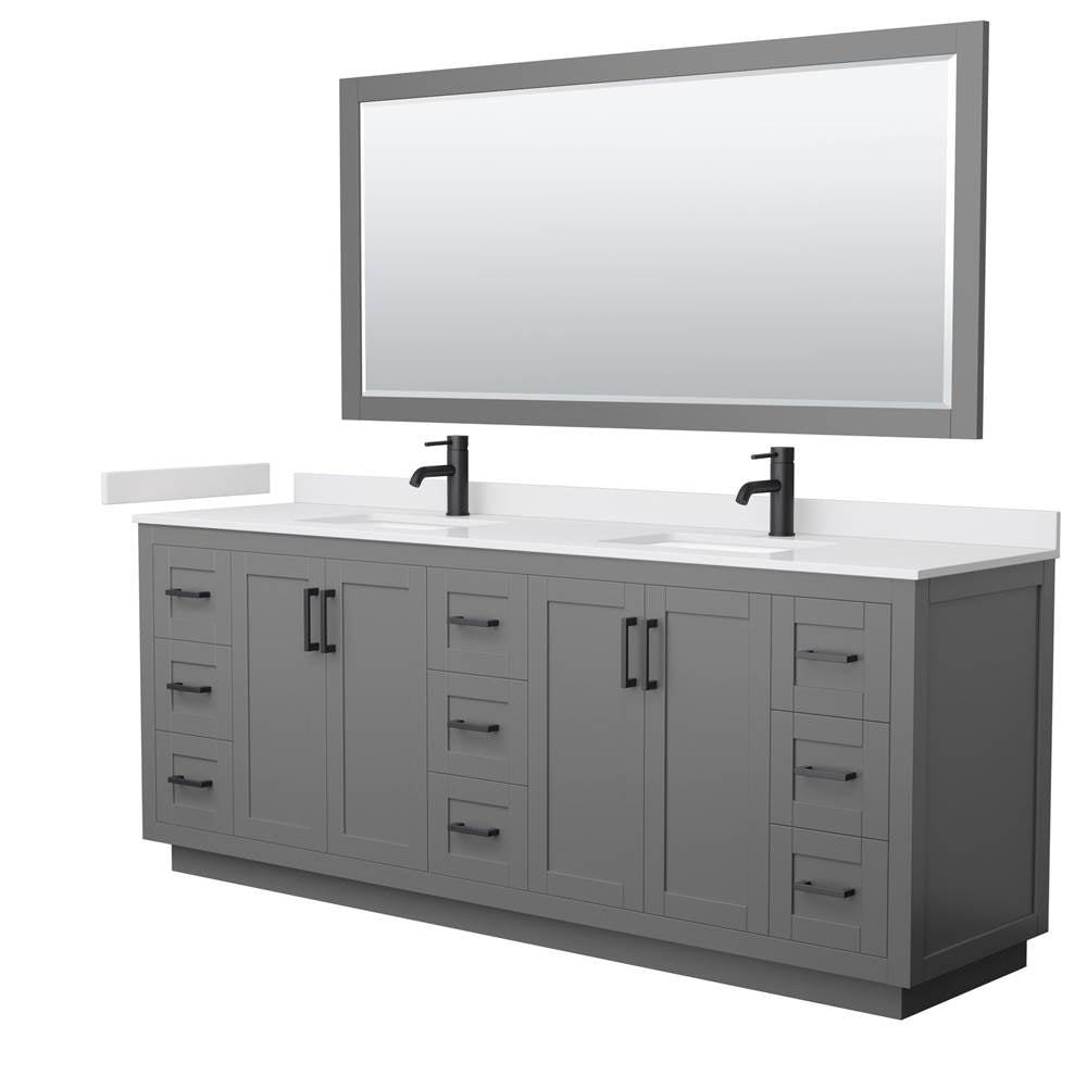 Wyndham Collection - Miranda 84 Inch Double Bathroom Vanity in Dark Gray, White Cultured Marble Countertop, Undermount Square Sinks, Matte Black Trim, 70 Inch Mirror