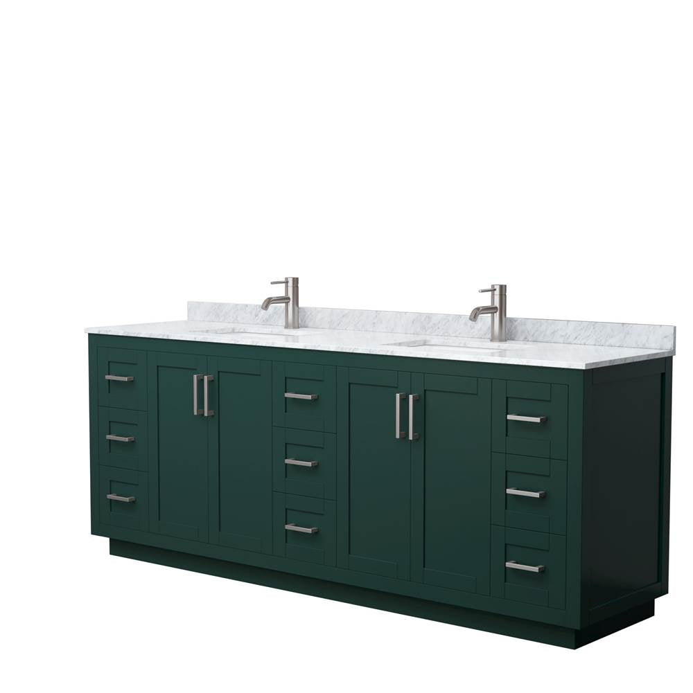 Wyndham Collection - Miranda 84 Inch Double Bathroom Vanity in Green, White Carrara Marble Countertop, Undermount Square Sinks, Brushed Nickel Trim