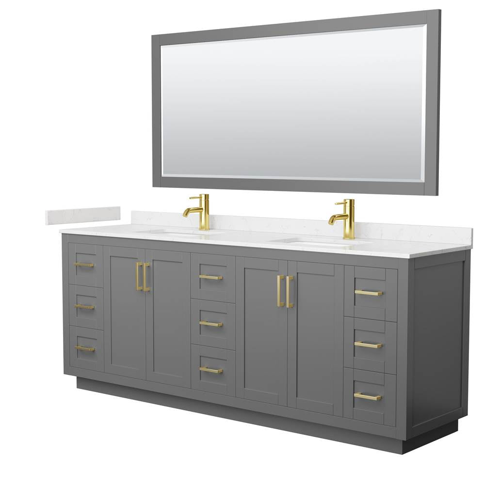 Wyndham Collection - Miranda 84 Inch Double Bathroom Vanity in Dark Gray, Carrara Cultured Marble Countertop, Undermount Square Sinks, Brushed Gold Trim, 70 Inch Mirror