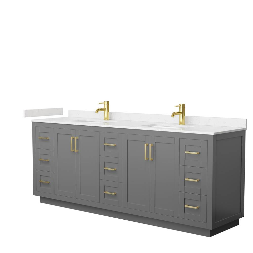 Wyndham Collection - Miranda 84 Inch Double Bathroom Vanity in Dark Gray, Carrara Cultured Marble Countertop, Undermount Square Sinks, Brushed Gold Trim
