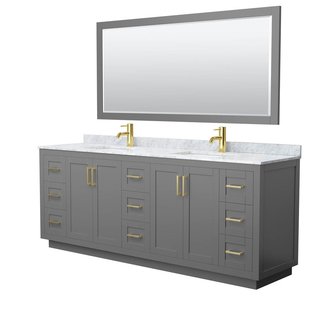 Wyndham Collection - Miranda 84 Inch Double Bathroom Vanity in Dark Gray, White Carrara Marble Countertop, Undermount Square Sinks, Brushed Gold Trim, 70 Inch Mirror