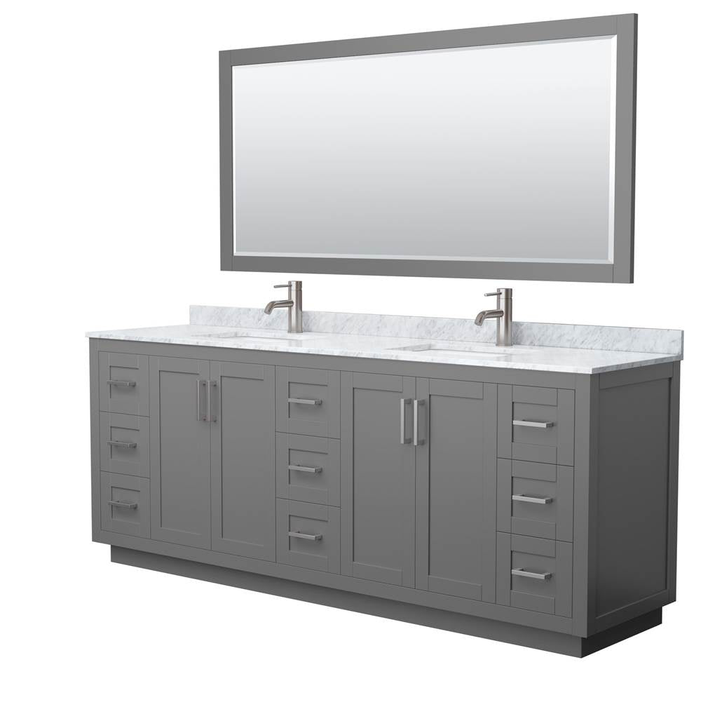Wyndham Collection - Miranda 84 Inch Double Bathroom Vanity in Dark Gray, White Carrara Marble Countertop, Undermount Square Sinks, Brushed Nickel Trim, 70 Inch Mirror