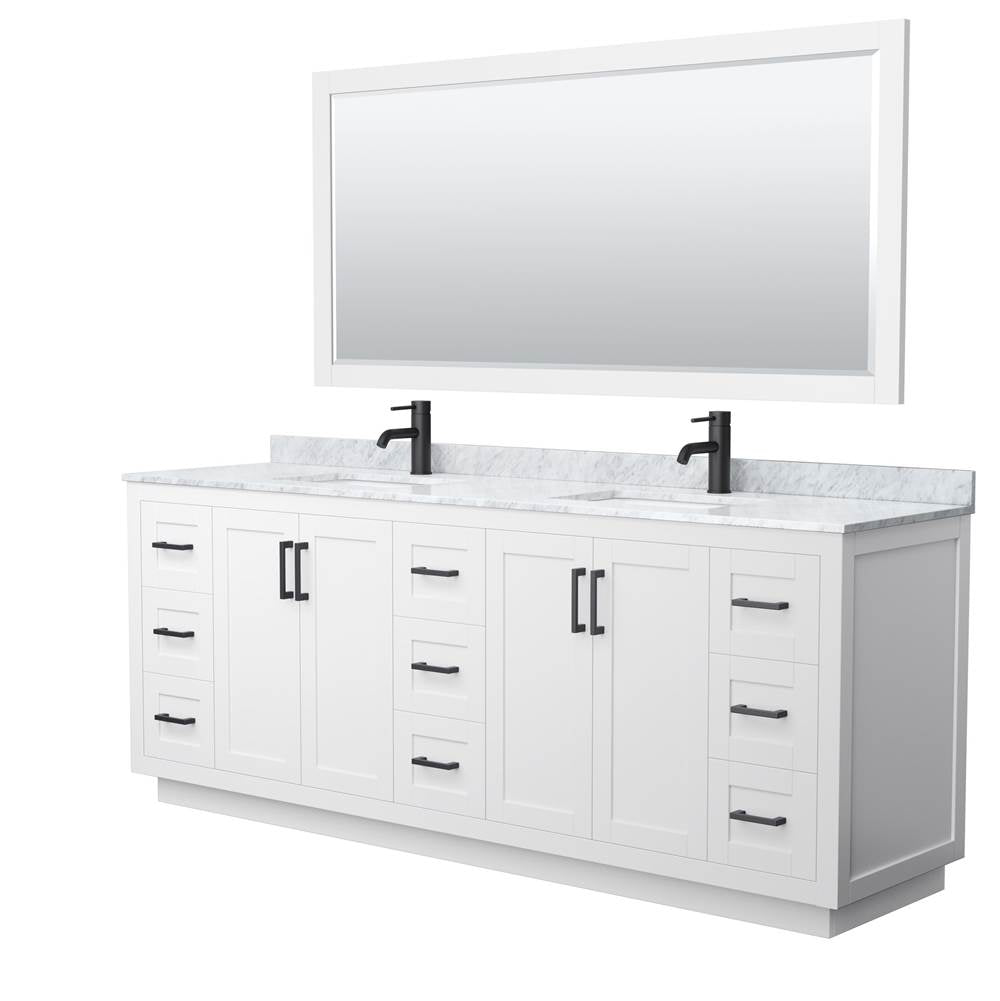 Wyndham Collection - Miranda 84 Inch Double Bathroom Vanity in White, White Carrara Marble Countertop, Undermount Square Sinks, Matte Black Trim, 70 Inch Mirror