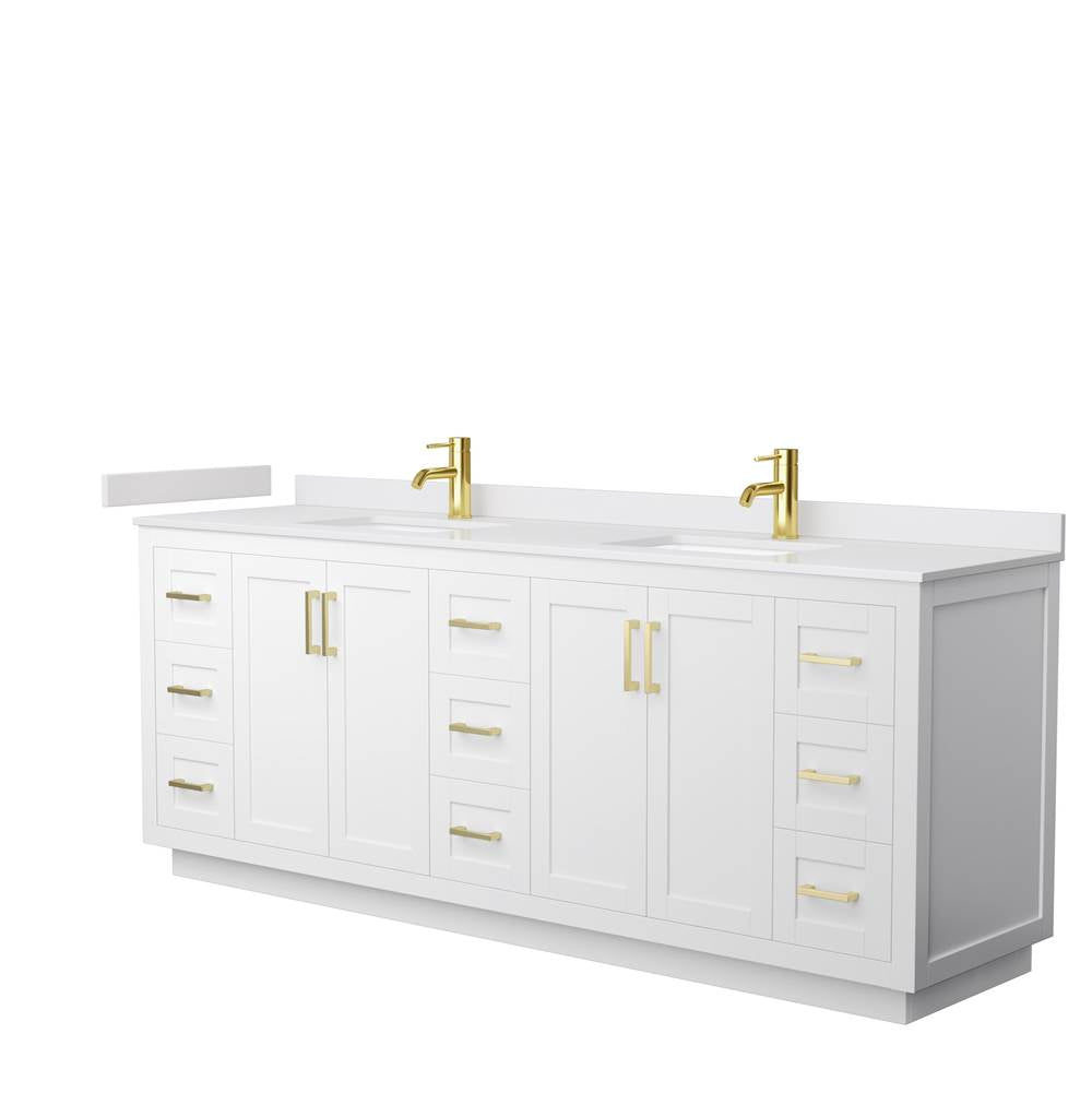 Wyndham Collection - Miranda 84 Inch Double Bathroom Vanity in White, White Cultured Marble Countertop, Undermount Square Sinks, Brushed Gold Trim