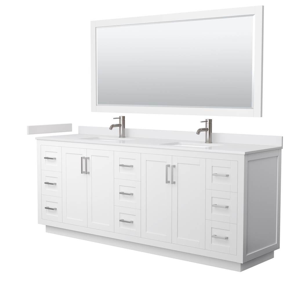 Wyndham Collection - Miranda 84 Inch Double Bathroom Vanity in White, White Cultured Marble Countertop, Undermount Square Sinks, Brushed Nickel Trim, 70 Inch Mirror