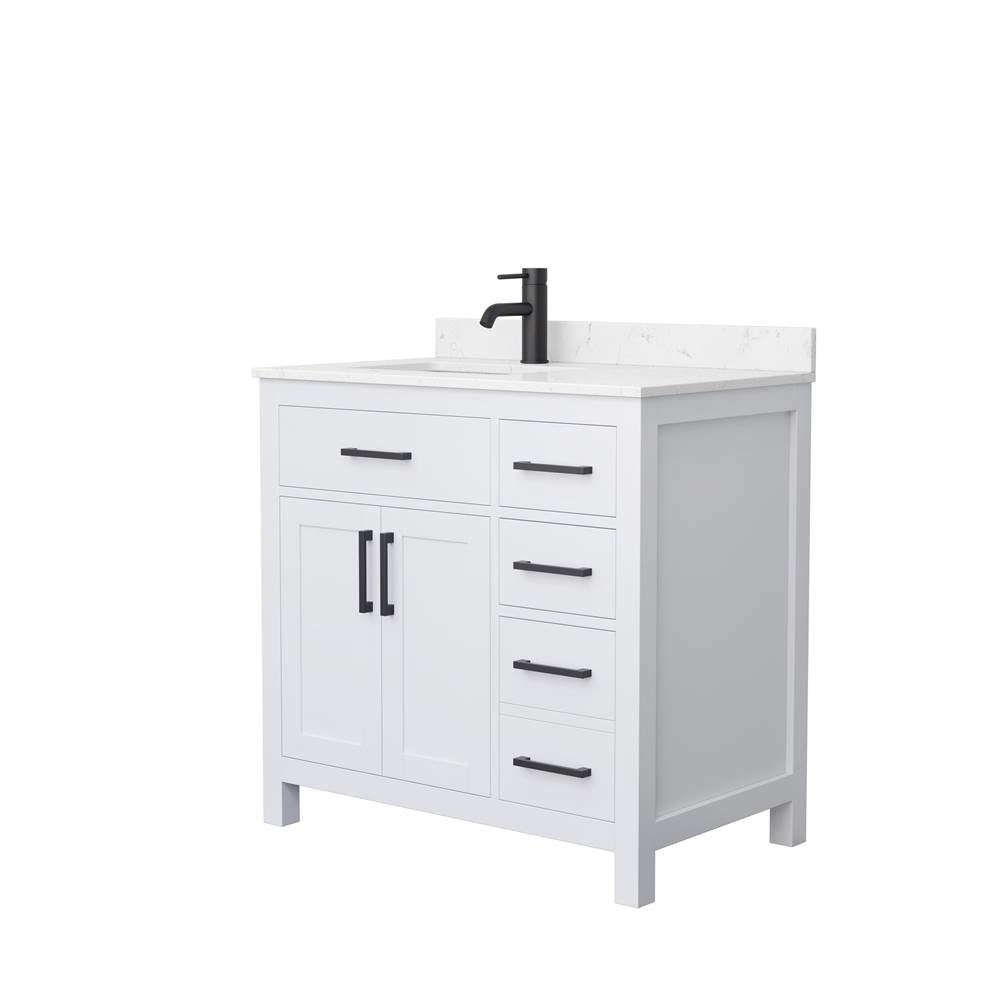 Wyndham Collection - Beckett 36 Inch Single Bathroom Vanity in White, Carrara Cultured Marble Countertop, Undermount Square Sink, Matte Black Trim