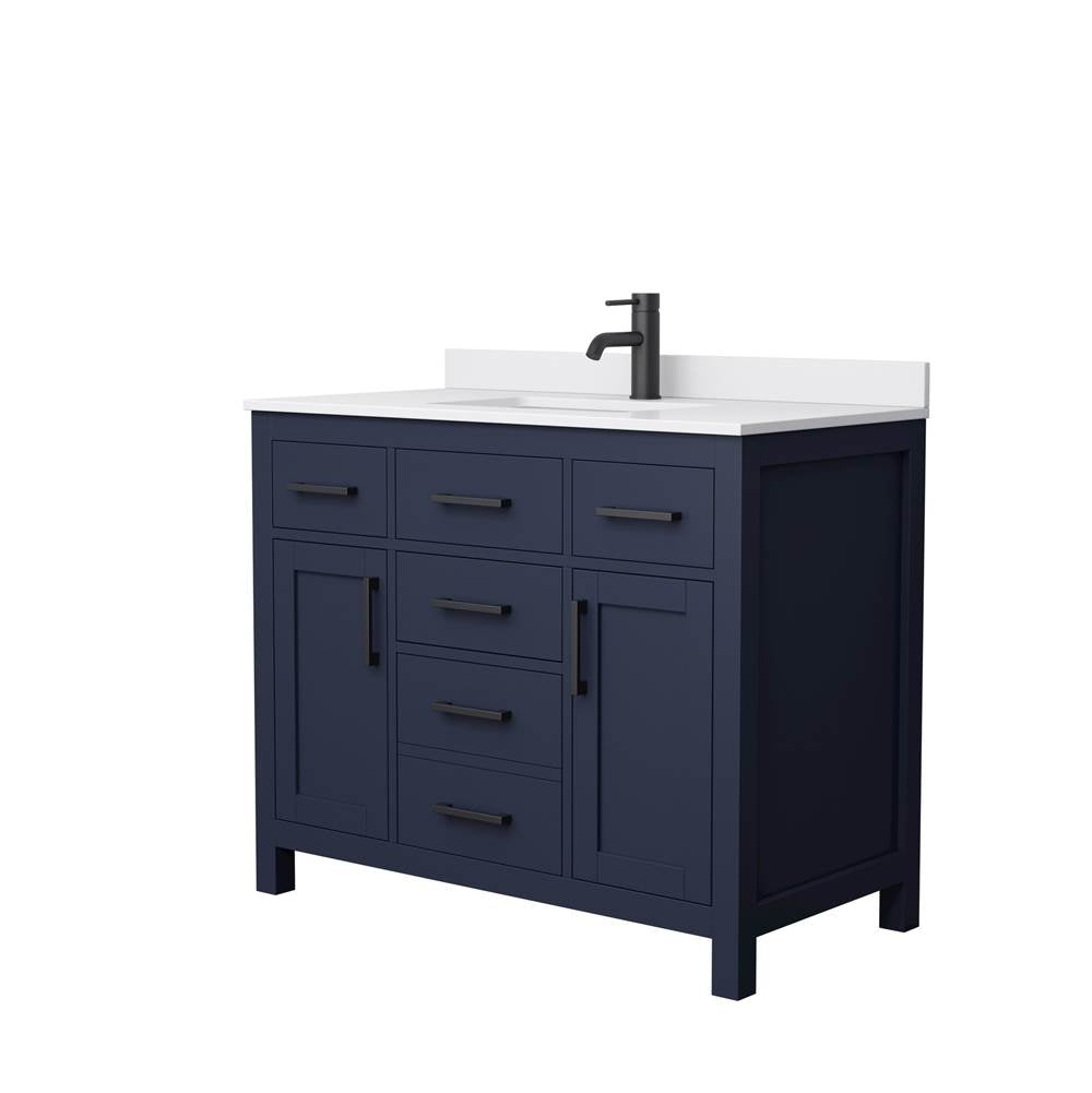 Wyndham Collection - Beckett 42 Inch Single Bathroom Vanity in Dark Blue, White Cultured Marble Countertop, Undermount Square Sink, Matte Black Trim