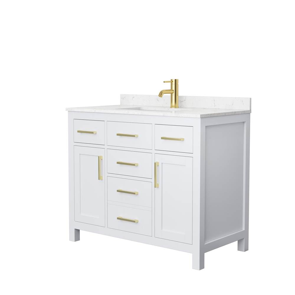 Wyndham Collection - Beckett 42 Inch Single Bathroom Vanity in White, Carrara Cultured Marble Countertop, Undermount Square Sink, Brushed Gold Trim