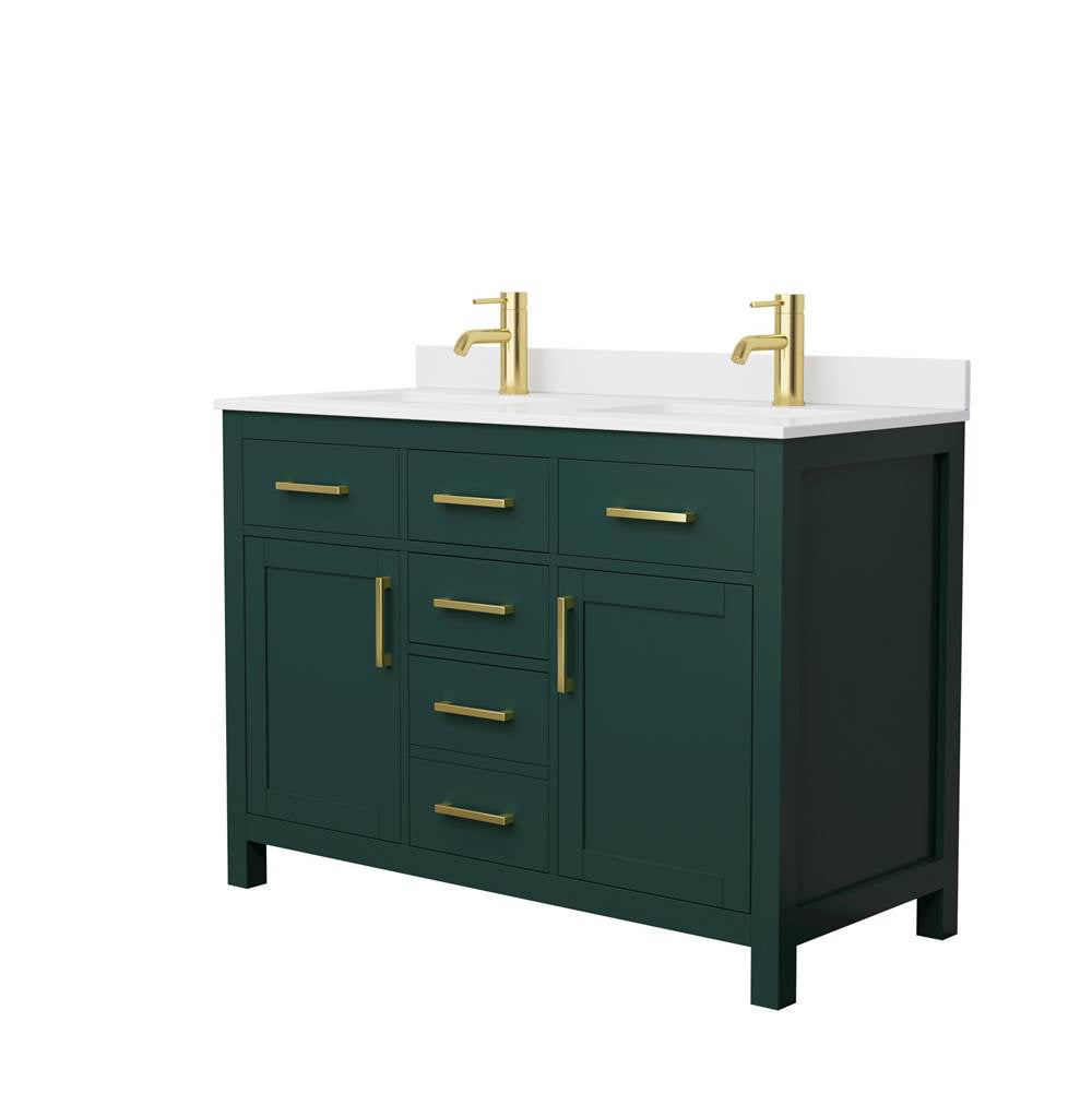 Wyndham Collection - Beckett 48 Inch Double Bathroom Vanity in Green, White Cultured Marble Countertop, Undermount Square Sinks, Brushed Gold Trim