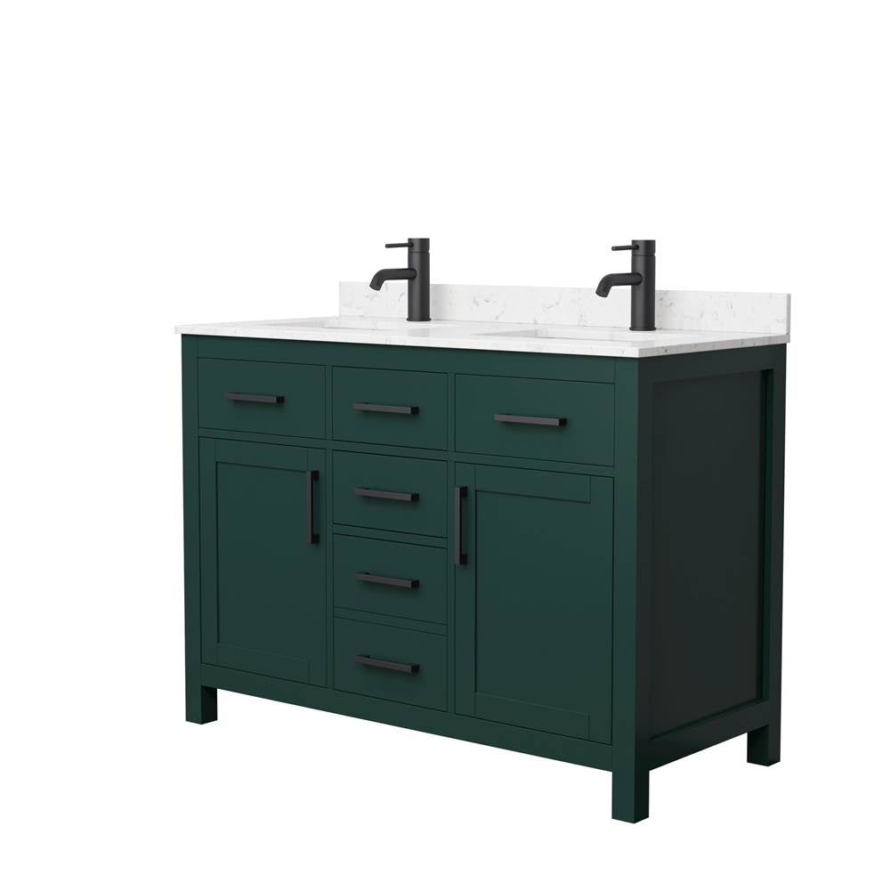 Wyndham Collection - Beckett 48 Inch Double Bathroom Vanity in Green, Carrara Cultured Marble Countertop, Undermount Square Sinks, Matte Black Trim