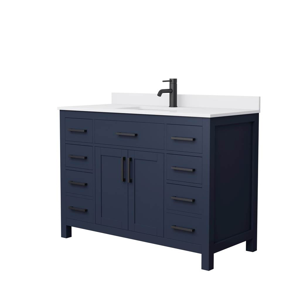 Wyndham Collection - Beckett 48 Inch Single Bathroom Vanity in Dark Blue, White Cultured Marble Countertop, Undermount Square Sink, Matte Black Trim