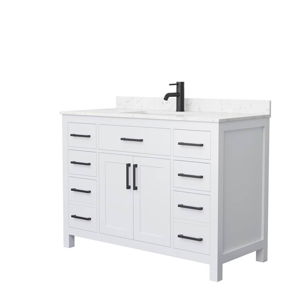 Wyndham Collection - Beckett 48 Inch Single Bathroom Vanity in White, Carrara Cultured Marble Countertop, Undermount Square Sink, Matte Black Trim