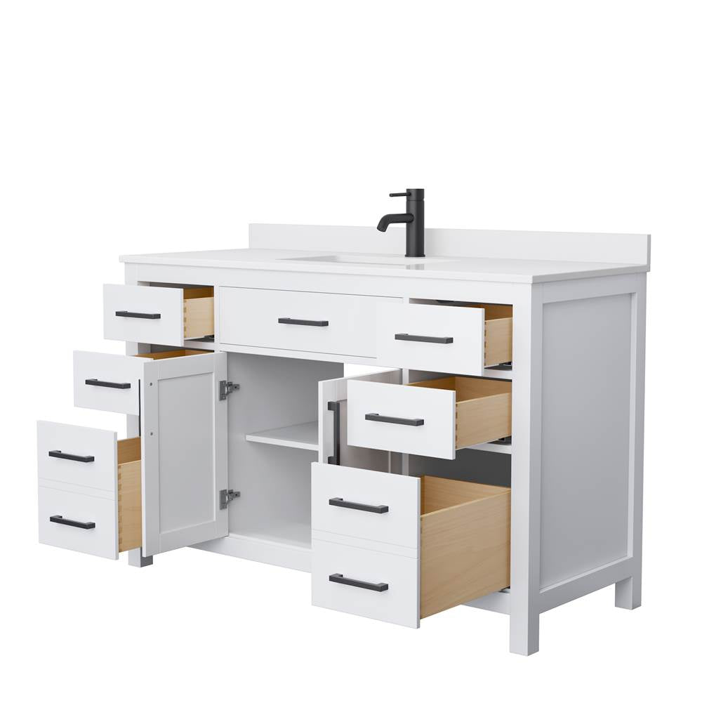 Beckett 54 Inch Single Bathroom Vanity in White, White Cultured Marble Countertop, Undermount Square Sink, Matte Black Trim