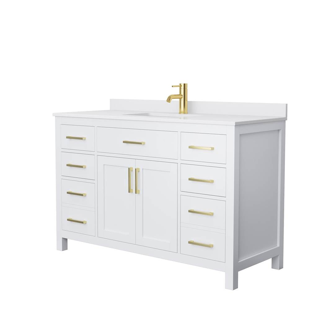 Wyndham Collection - Beckett 54 Inch Single Bathroom Vanity in White, White Cultured Marble Countertop, Undermount Square Sink, Brushed Gold Trim