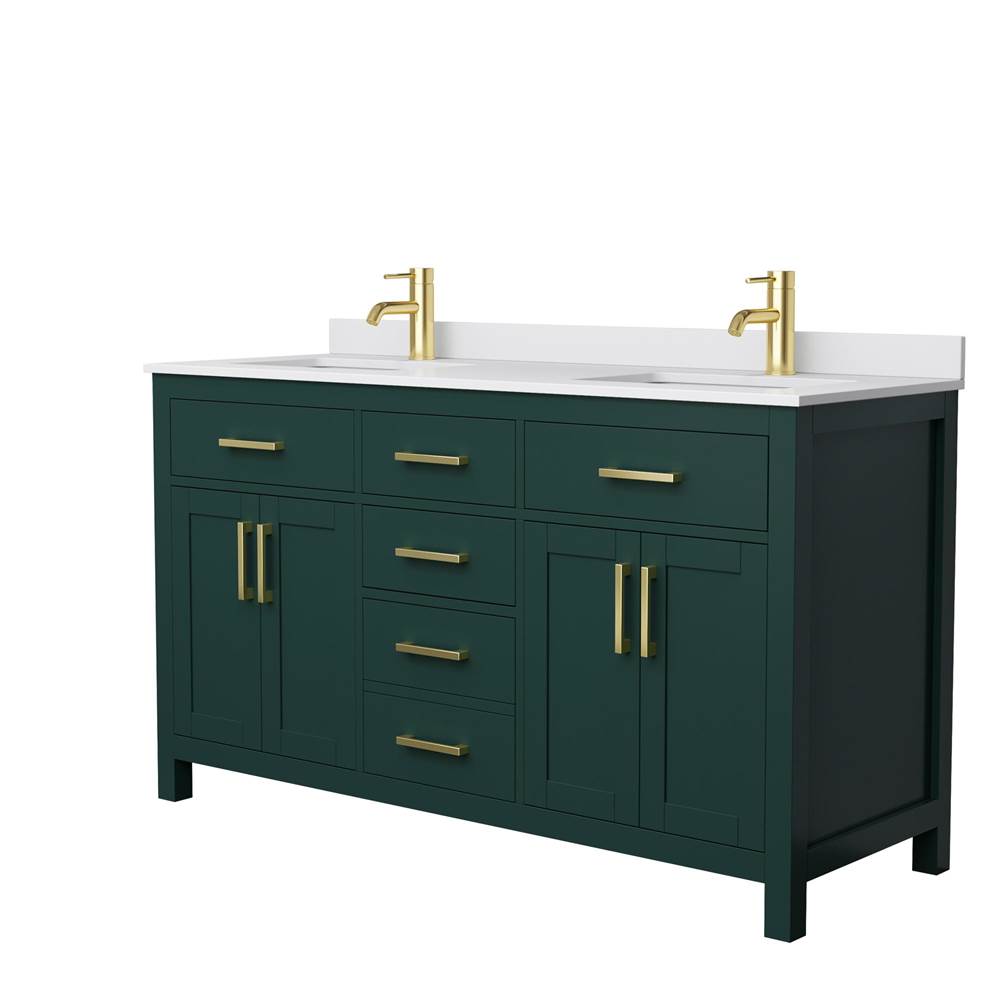 Wyndham Collection - Beckett 60 Inch Double Bathroom Vanity in Green, White Cultured Marble Countertop, Undermount Square Sinks, Brushed Gold Trim