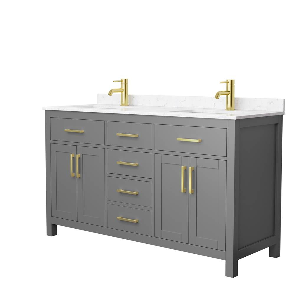 Wyndham Collection - Beckett 60 Inch Double Bathroom Vanity in Dark Gray, Carrara Cultured Marble Countertop, Undermount Square Sinks, Brushed Gold Trim