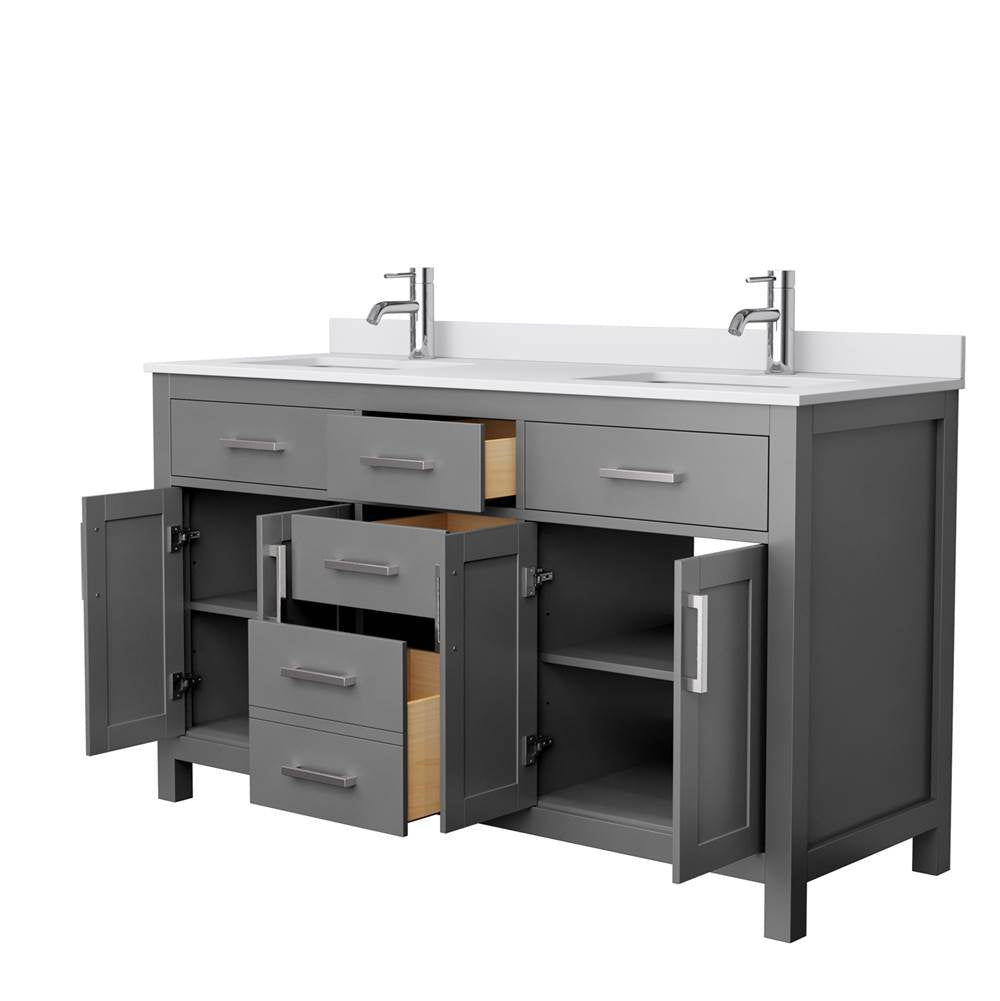 Beckett 60 Inch Double Bathroom Vanity in Dark Gray, White Cultured Marble Countertop, Undermount Square Sinks, No Mirror