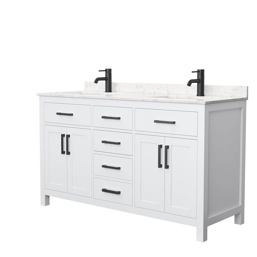 Wyndham Collection - Beckett 60 Inch Double Bathroom Vanity in White, Carrara Cultured Marble Countertop, Undermount Square Sinks, Matte Black Trim