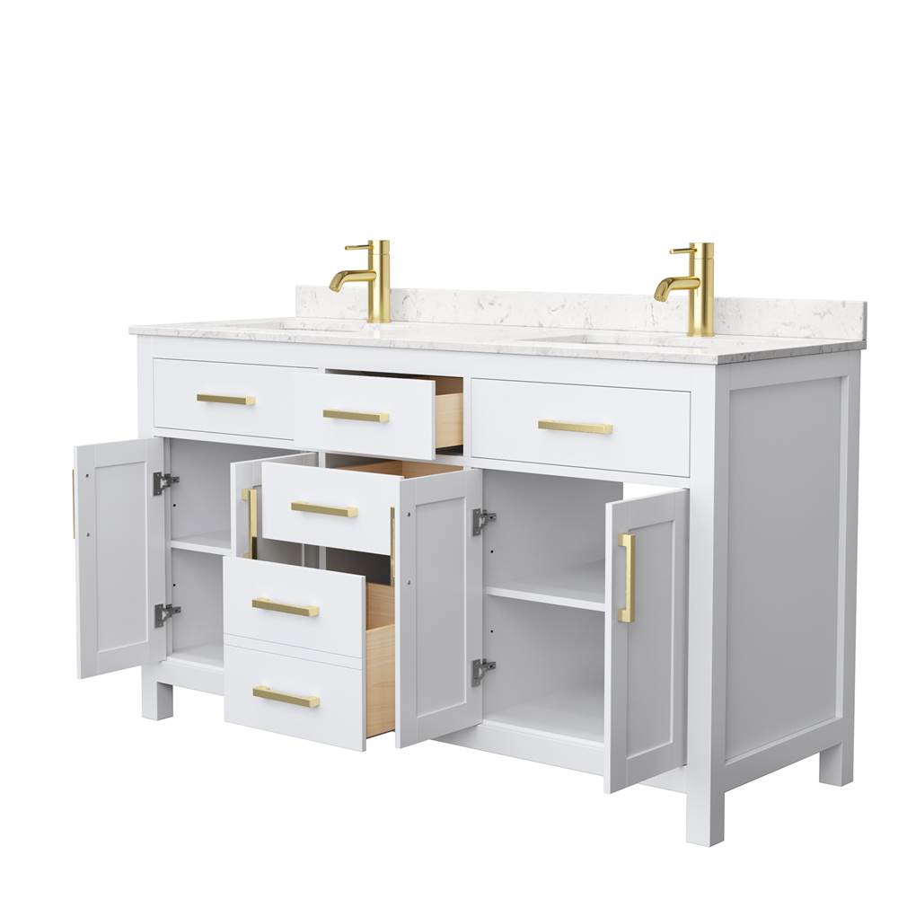 Beckett 60 Inch Double Bathroom Vanity in White, Carrara Cultured Marble Countertop, Undermount Square Sinks, Brushed Gold Trim