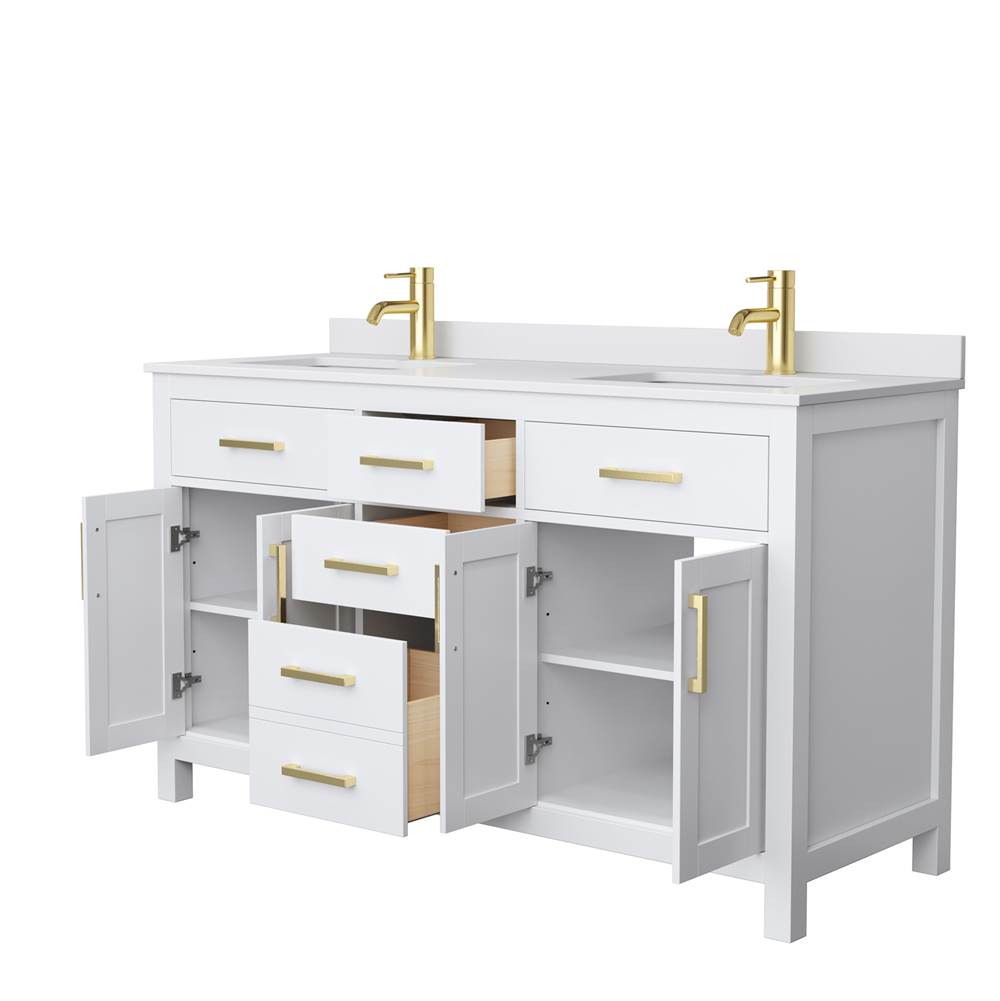 Beckett 60 Inch Double Bathroom Vanity in White, White Cultured Marble Countertop, Undermount Square Sinks, Brushed Gold Trim