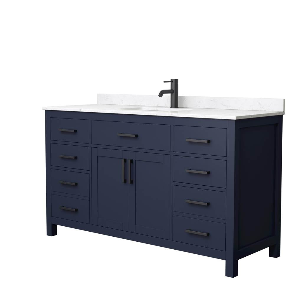 Wyndham Collection - Beckett 60 Inch Single Bathroom Vanity in Dark Blue, Carrara Cultured Marble Countertop, Undermount Square Sink, Matte Black Trim