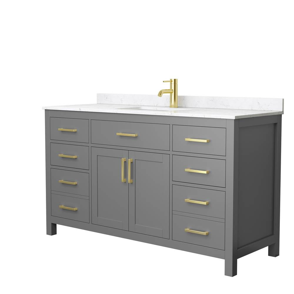 Wyndham Collection - Beckett 60 Inch Single Bathroom Vanity in Dark Gray, Carrara Cultured Marble Countertop, Undermount Square Sink, Brushed Gold Trim