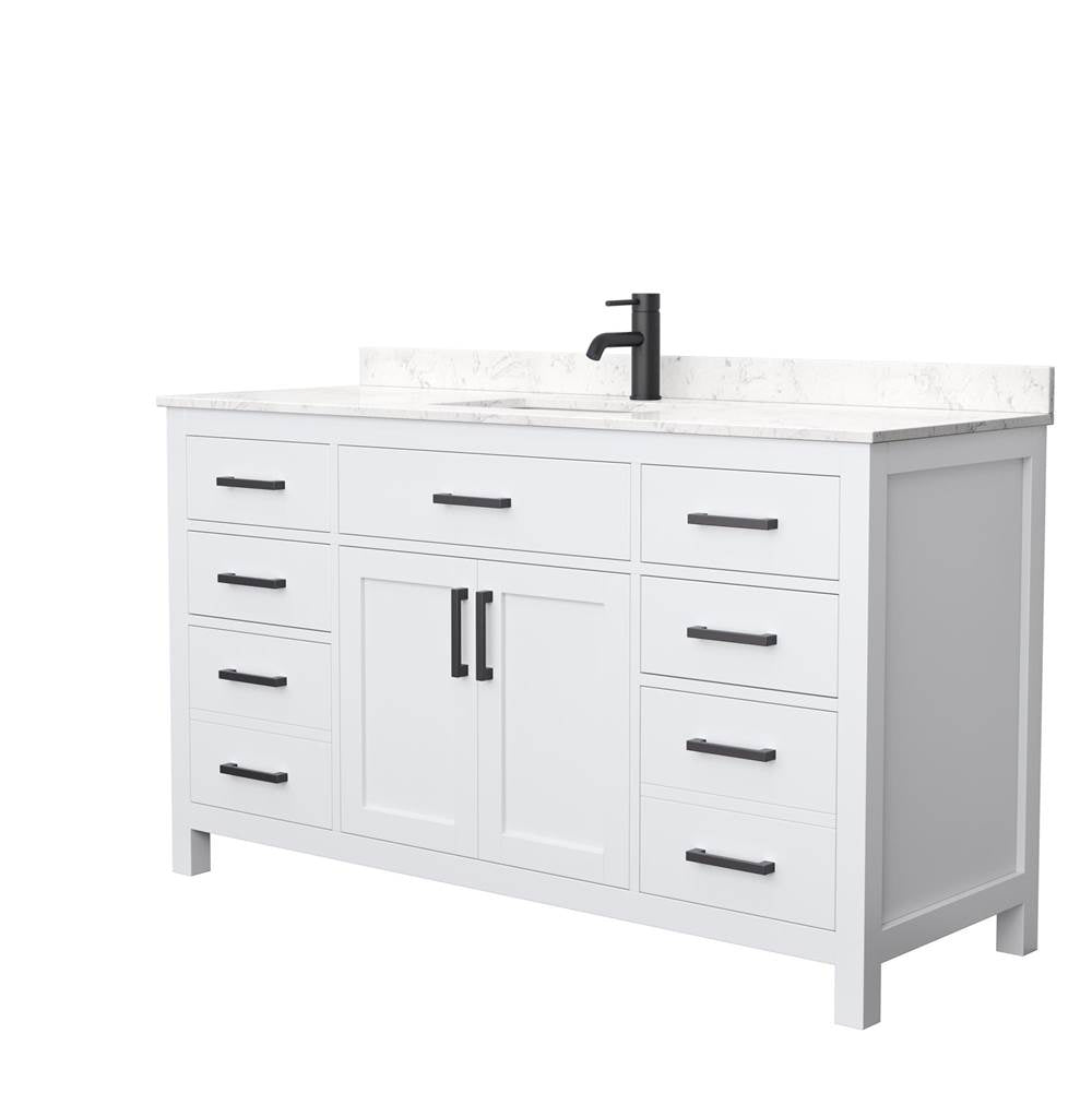 Wyndham Collection - Beckett 60 Inch Single Bathroom Vanity in White, Carrara Cultured Marble Countertop, Undermount Square Sink, Matte Black Trim