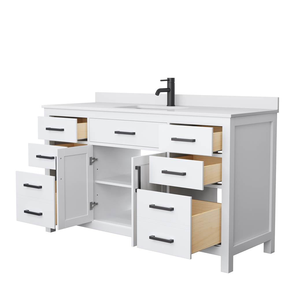 Beckett 60 Inch Single Bathroom Vanity in White, White Cultured Marble Countertop, Undermount Square Sink, Matte Black Trim
